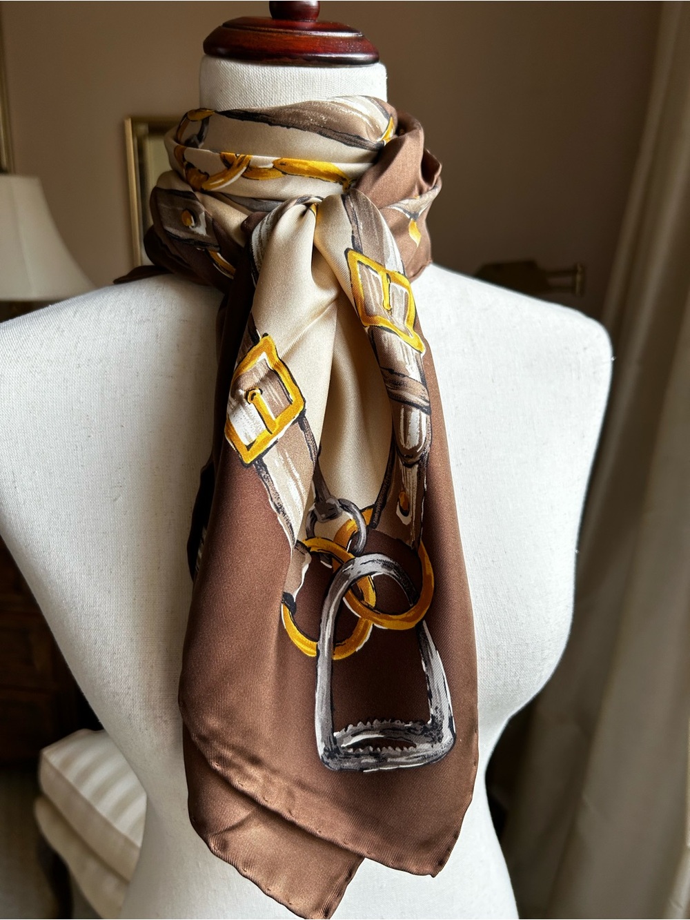 Vintage Carlisle Equestrian Silk Scarf in shades of Sand and Chocolate